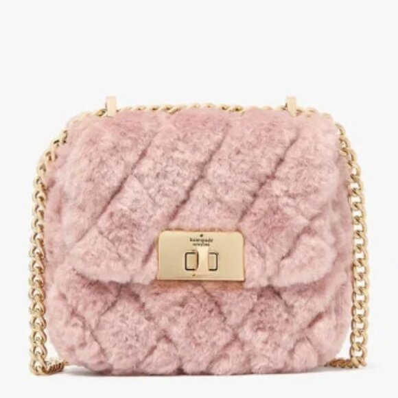 NWT - Kate Spade Carey Faux Fur Quilted Micro Flap Crossbody Bag in Rose Smoke - Picture 1 of 14